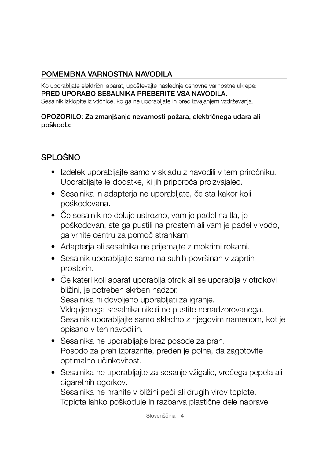 Samsung VC07H8150HQ/GE manual Splošno, Pomembna Varnostna Navodila 