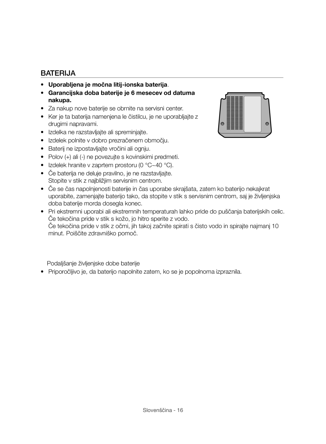 Samsung VC07H8150HQ/GE manual Baterija 