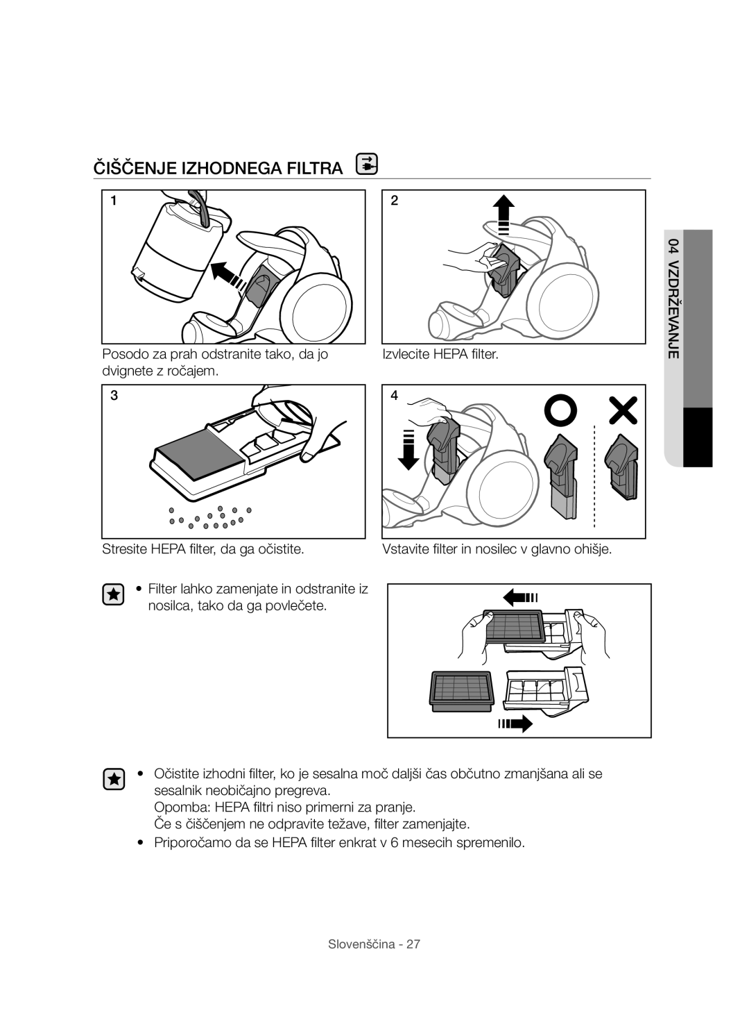 Samsung VC07H8150HQ/GE manual Čiščenje Izhodnega Filtra 