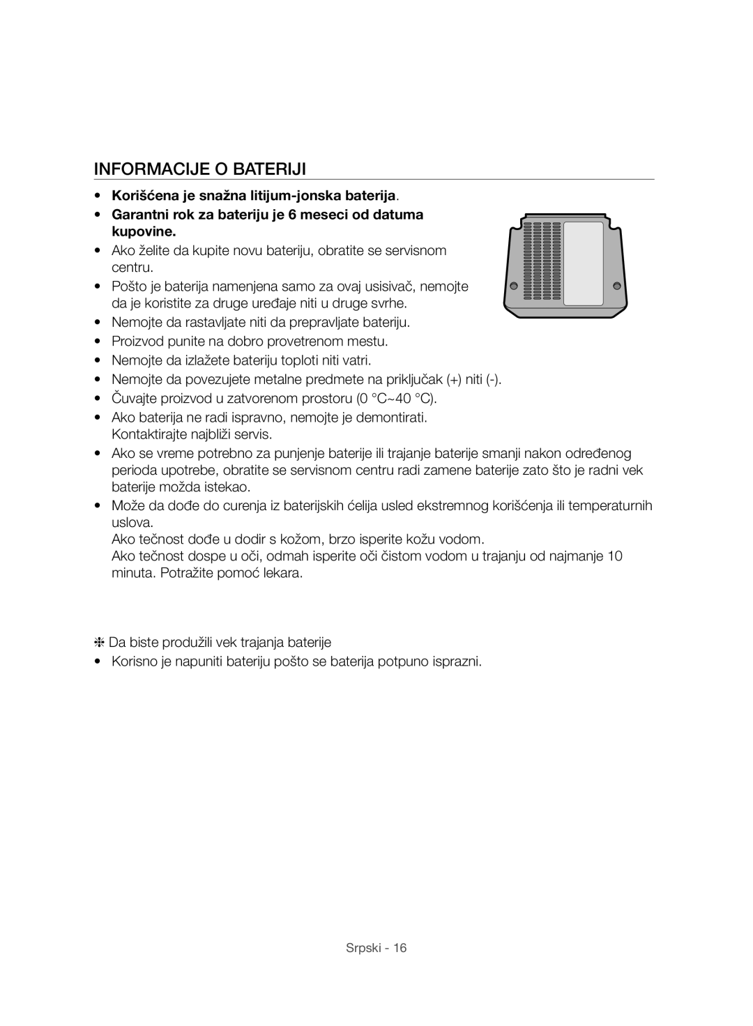 Samsung VC07H8150HQ/GE manual Informacije O Bateriji 