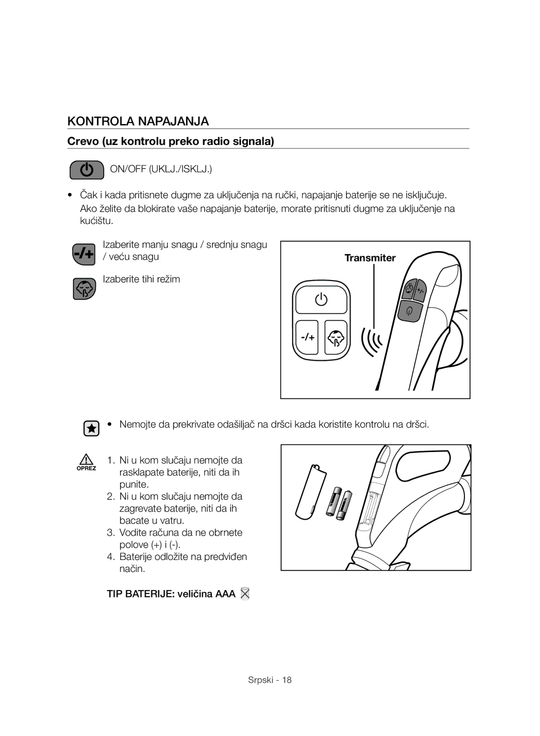 Samsung VC07H8150HQ/GE manual Kontrola Napajanja, Crevo uz kontrolu preko radio signala, Transmiter 