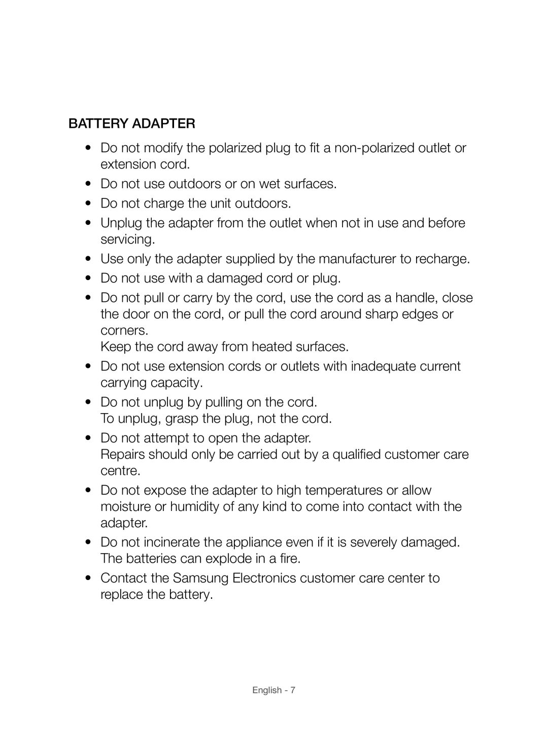 Samsung VC07H8150HQ/GE manual Battery Adapter 