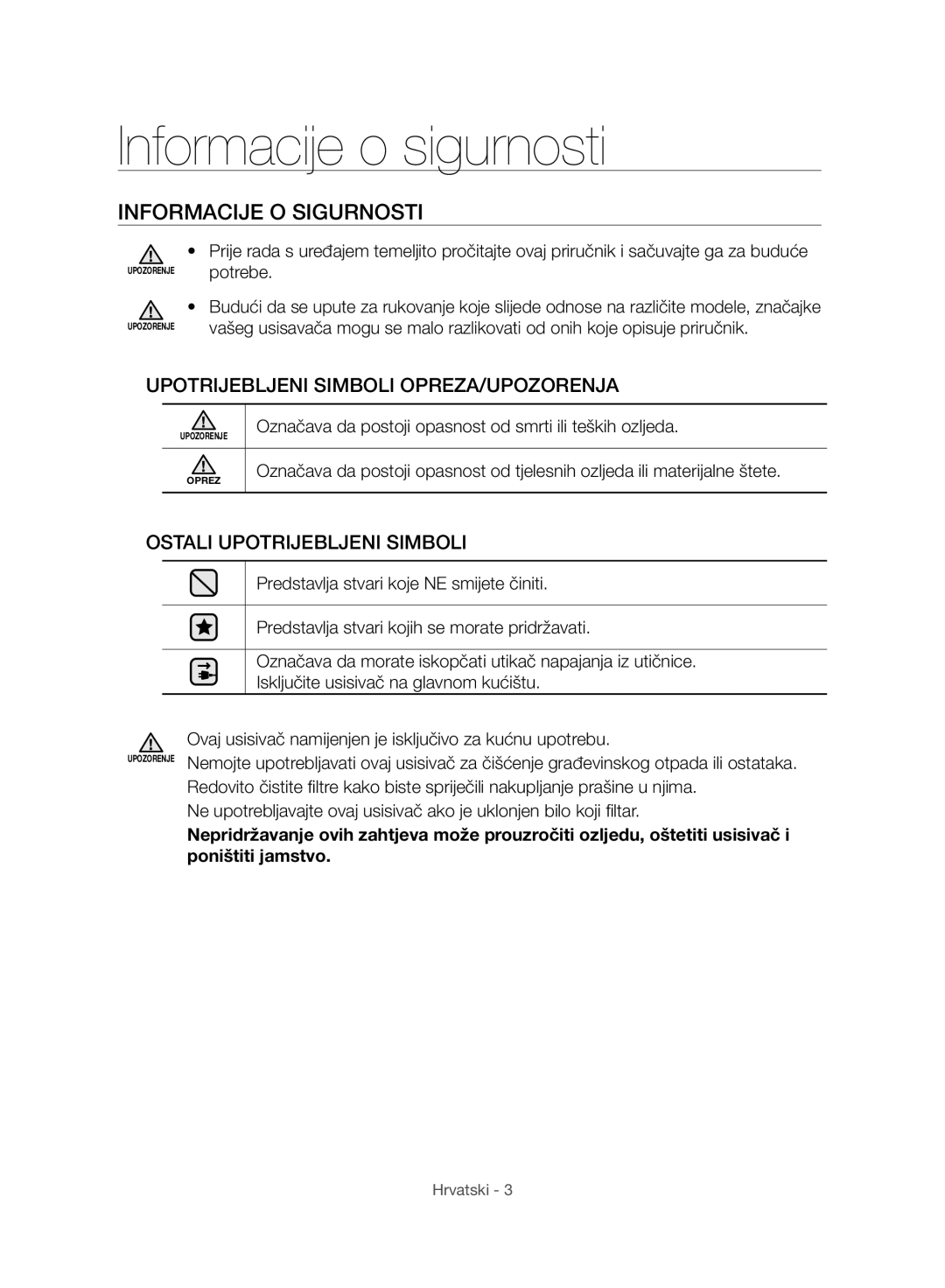 Samsung VC07H8150HQ/GE manual Informacije o sigurnosti, Informacije O Sigurnosti 