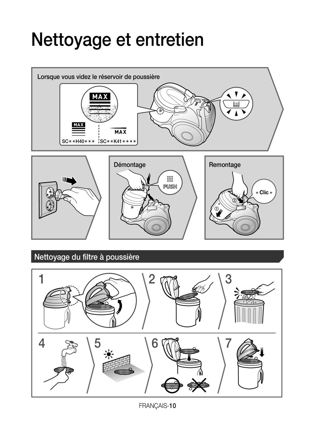 Samsung VC07K41H0VB/EF, VC07K41F0HG/EF, VC07K41F0VL/EF, VC07H40F0VB/EF, VC07H40E0VR/EF manual Nettoyage du filtre à poussière 