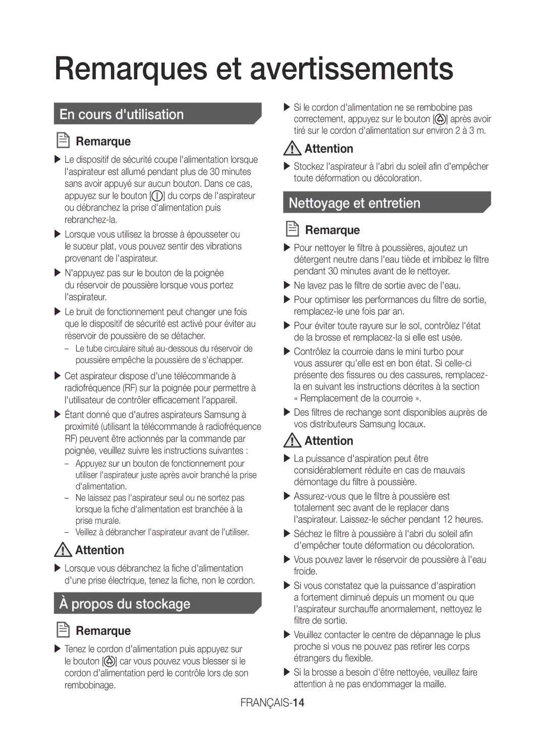 Samsung VC07H40F0HB/EF Remarques et avertissements, En cours dutilisation, Propos du stockage, Nettoyage et entretien 