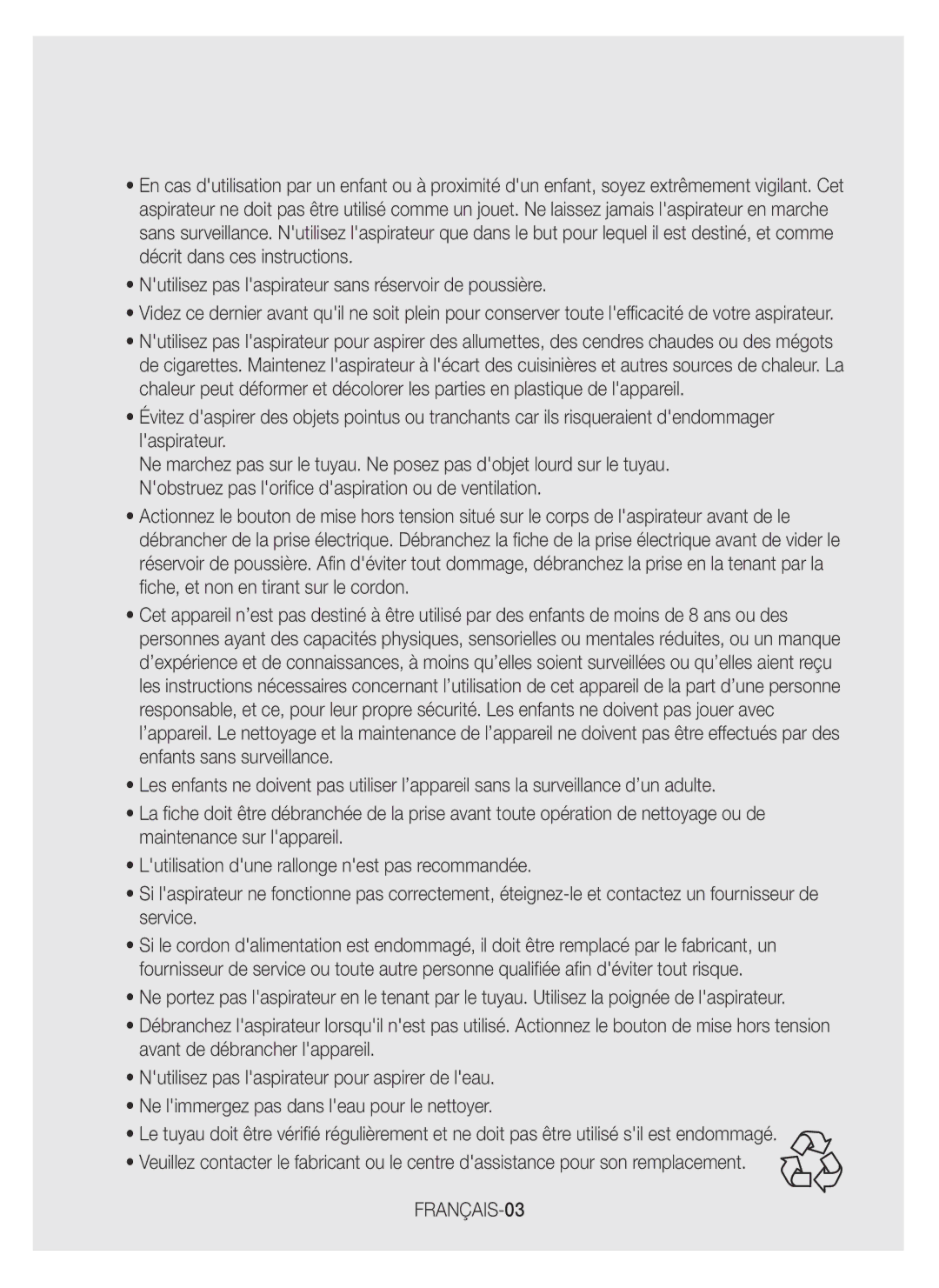 Samsung VC07H40F0VB/EF, VC07K41F0HG/EF, VC07K41F0VL/EF, VC07K41H0VB/EF, VC07H40E0VR/EF, VC07K41F0VR/EF manual FRANÇAIS-03 