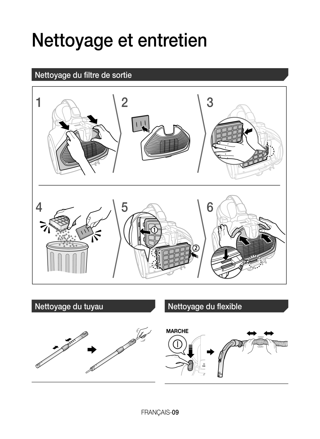 Samsung VC07K41F0VL/EF, VC07K41F0HG/EF manual Nettoyage et entretien, Nettoyage du filtre de sortie Nettoyage du tuyau 