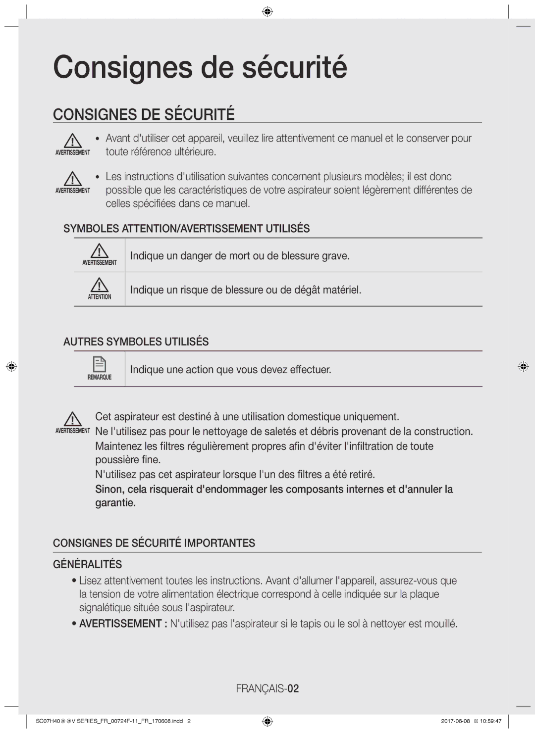 Samsung VC07K41H0VB/EF, VC07K41F0HG/EF, VC07K41F0VL/EF, VC07H40F0VB/EF manual Consignes de sécurité, Consignes DE Sécurité 