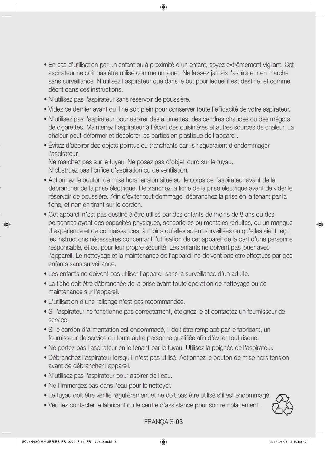 Samsung VC07H40F0VB/EF, VC07K41F0HG/EF, VC07K41F0VL/EF, VC07K41H0VB/EF, VC07H40E0VR/EF, VC07K41F0VR/EF manual FRANÇAIS-03 