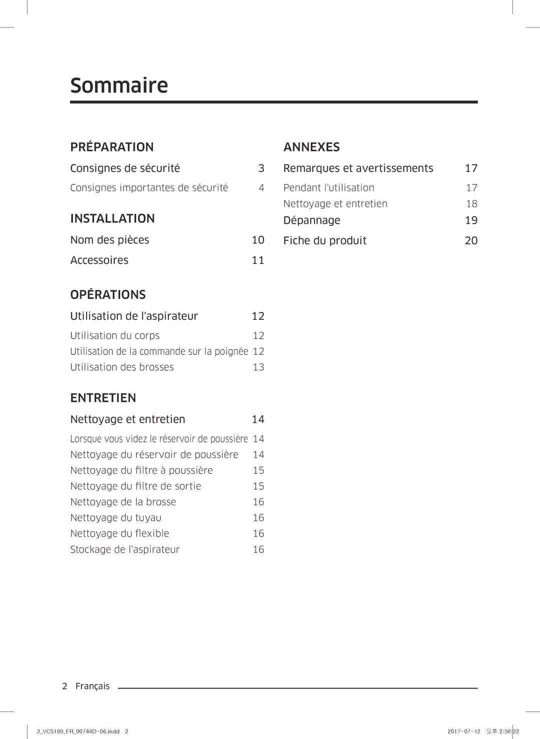 Samsung VC07K51E0VB/EE, VC07K51H0VD/EG manual Sommaire, Préparation Annexes 