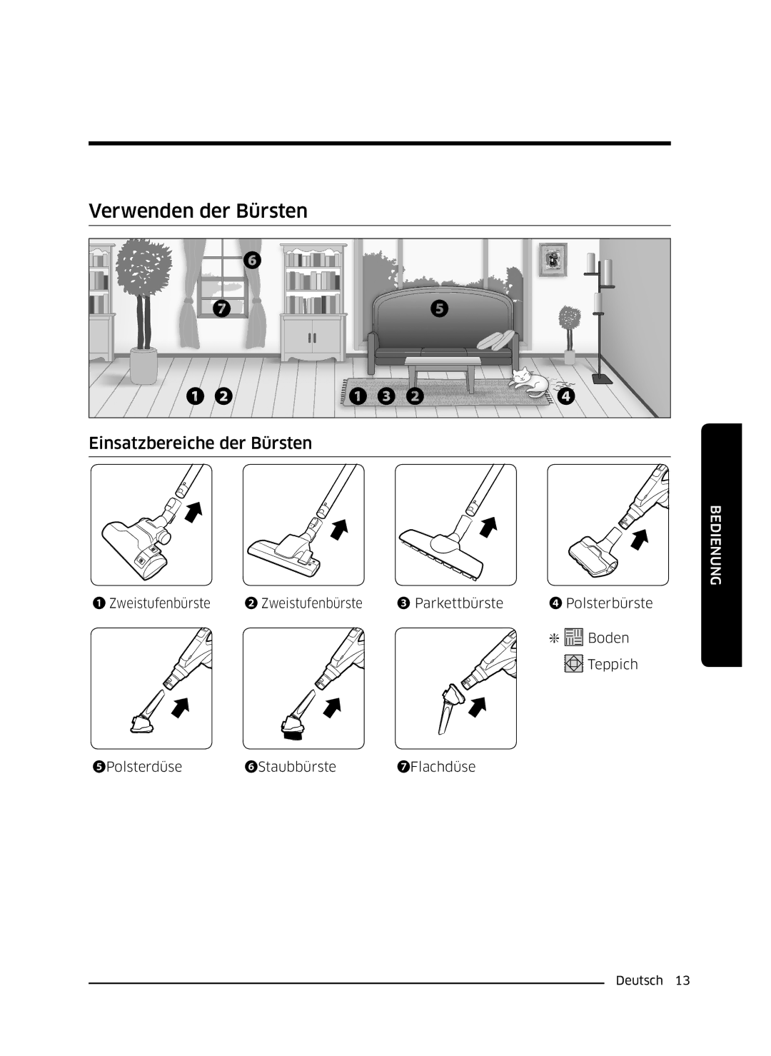 Samsung VC07K51H0VD/EG, VC07K51E0VB/EE manual Verwenden der Bürsten, ❶ ❷ ❶ ❸ ❷ 