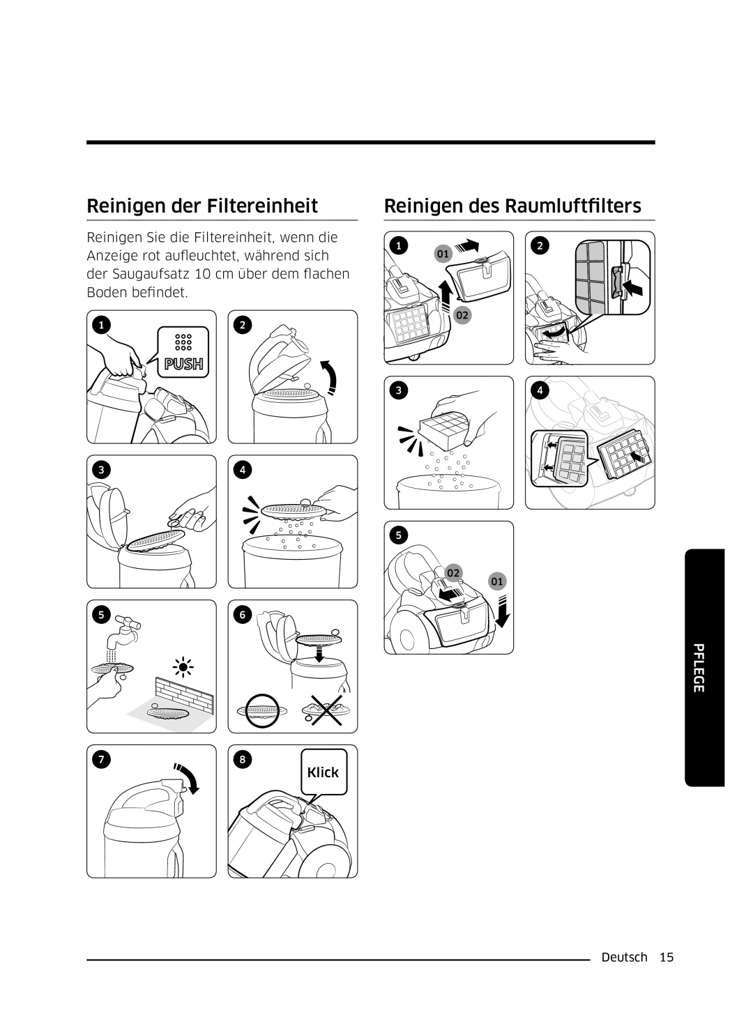 Samsung VC07K51H0VD/EG, VC07K51E0VB/EE manual Reinigen der Filtereinheit, Reinigen des Raumluftfilters 