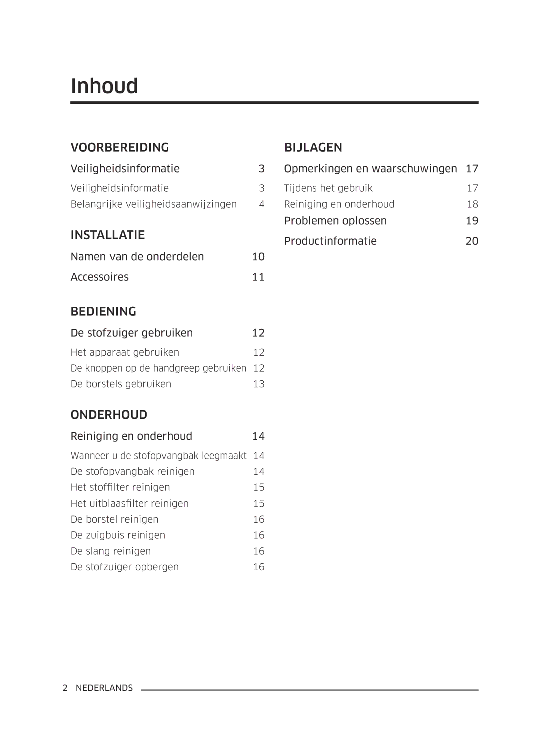 Samsung VC07K51E0VB/EE, VC07K51H0VD/EG manual Inhoud, Voorbereiding Bijlagen 