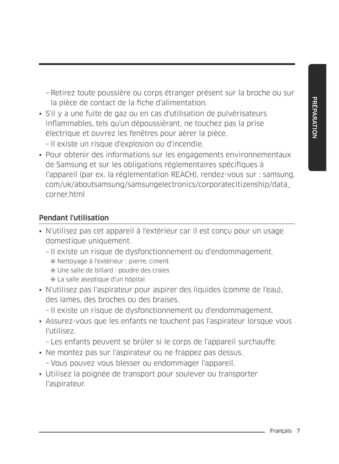 Samsung VC07K51H0VD/EG, VC07K51E0VB/EE manual Préparation 