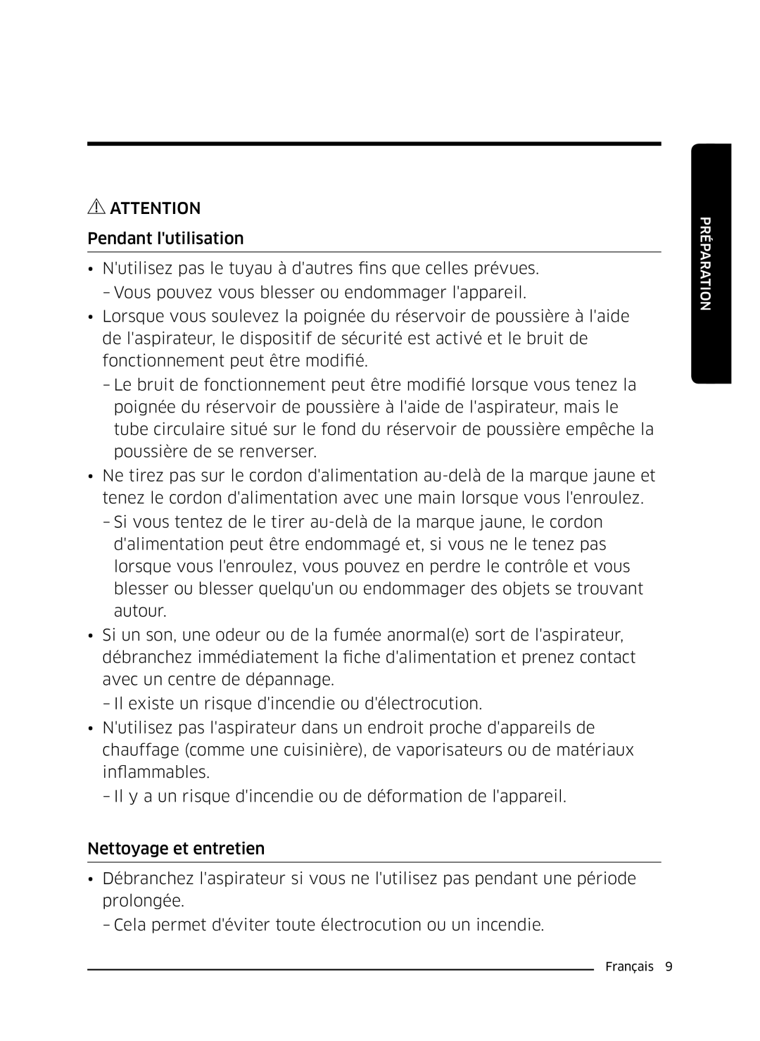 Samsung VC07K51H0VD/EG, VC07K51E0VB/EE manual Préparation 