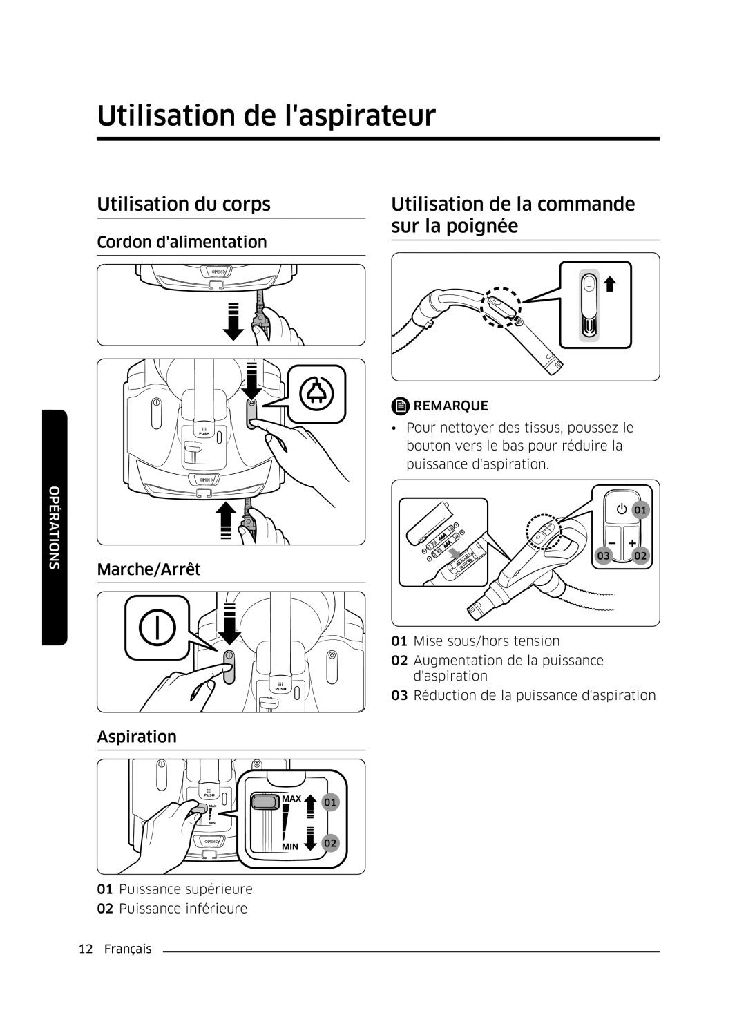 Samsung VC07K51E0VB/EE, VC07K51H0VD/EG manual Utilisation de laspirateur, Marche/Arrêt Aspiration 