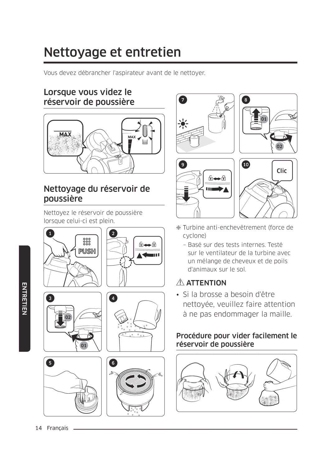 Samsung VC07K51E0VB/EE, VC07K51H0VD/EG manual Nettoyage et entretien, Lorsque vous videz le réservoir de poussière 