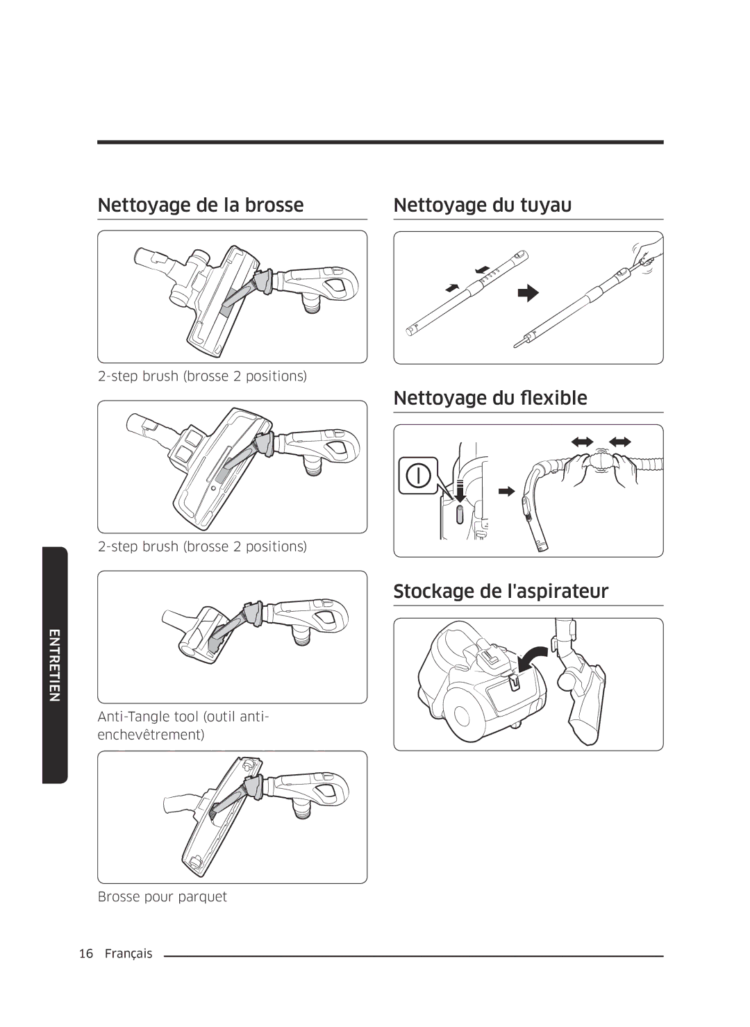 Samsung VC07K51E0VB/EE manual Nettoyage de la brosse Nettoyage du tuyau, Nettoyage du flexible, Stockage de laspirateur 