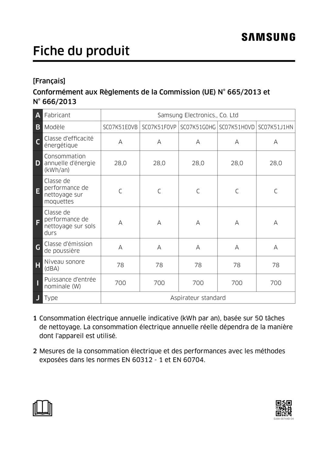 Samsung VC07K51E0VB/EE, VC07K51H0VD/EG manual Fiche du produit 