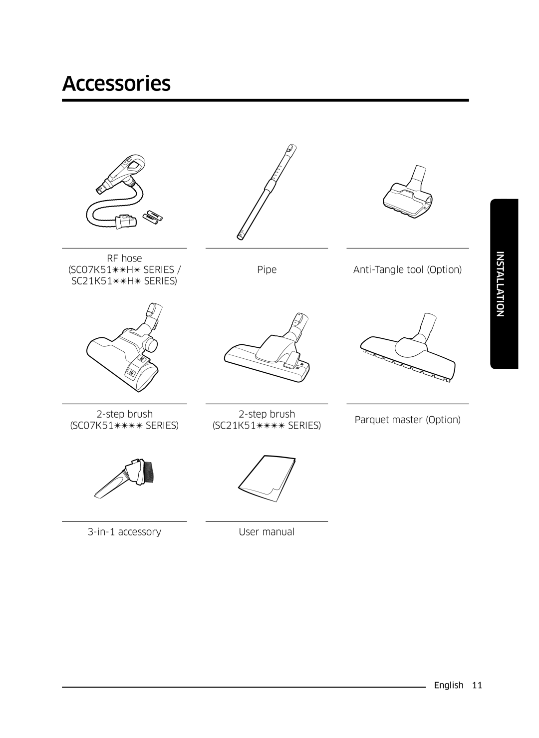 Samsung VC07K51E0VB/EE manual Accessories 