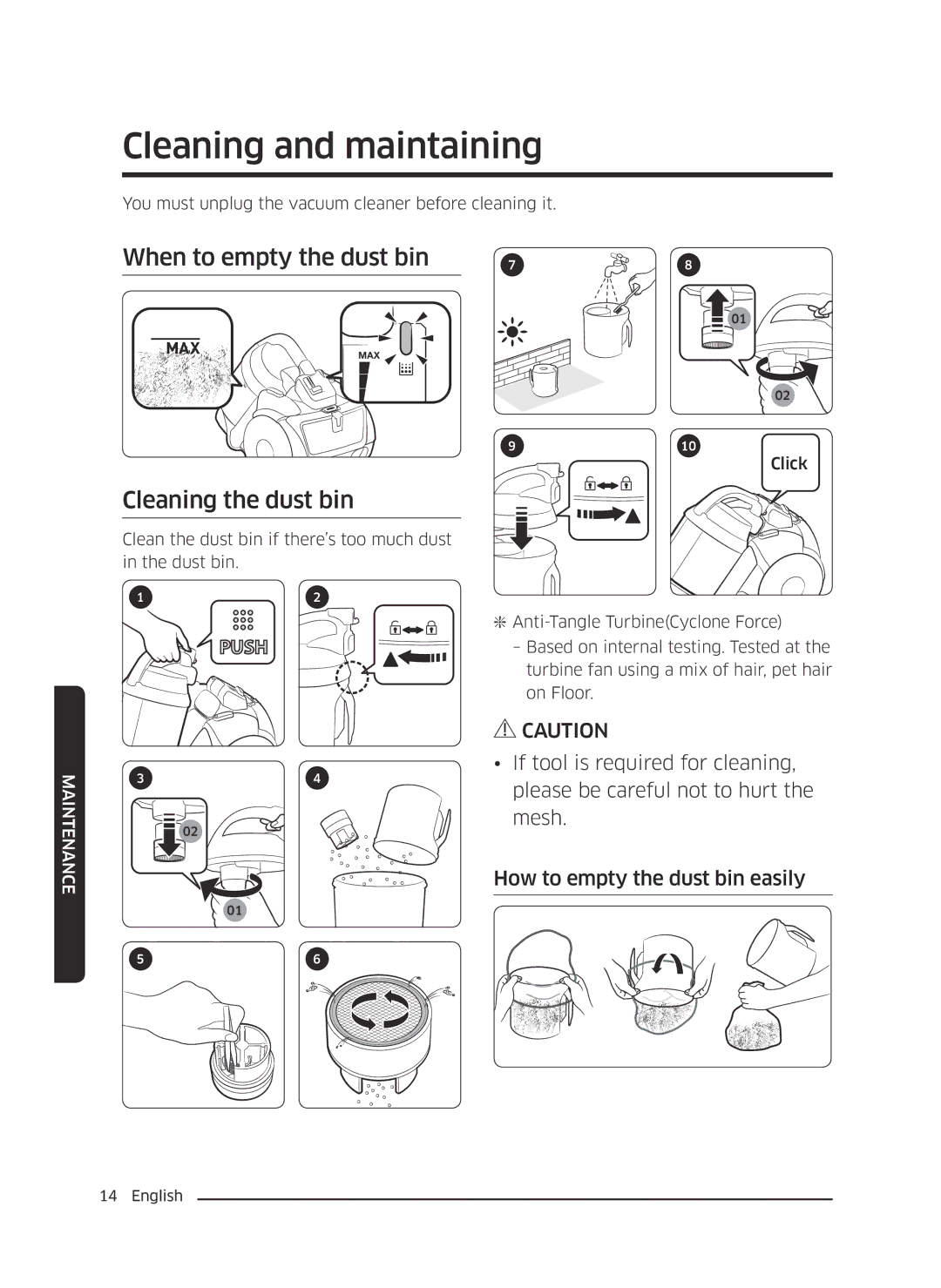 Samsung VC07K51E0VB/EE manual Cleaning and maintaining, When to empty the dust bin, Cleaning the dust bin 