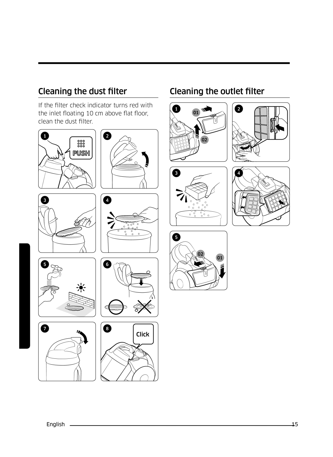 Samsung VC07K51E0VB/EE manual Cleaning the dust filter, Cleaning the outlet filter 