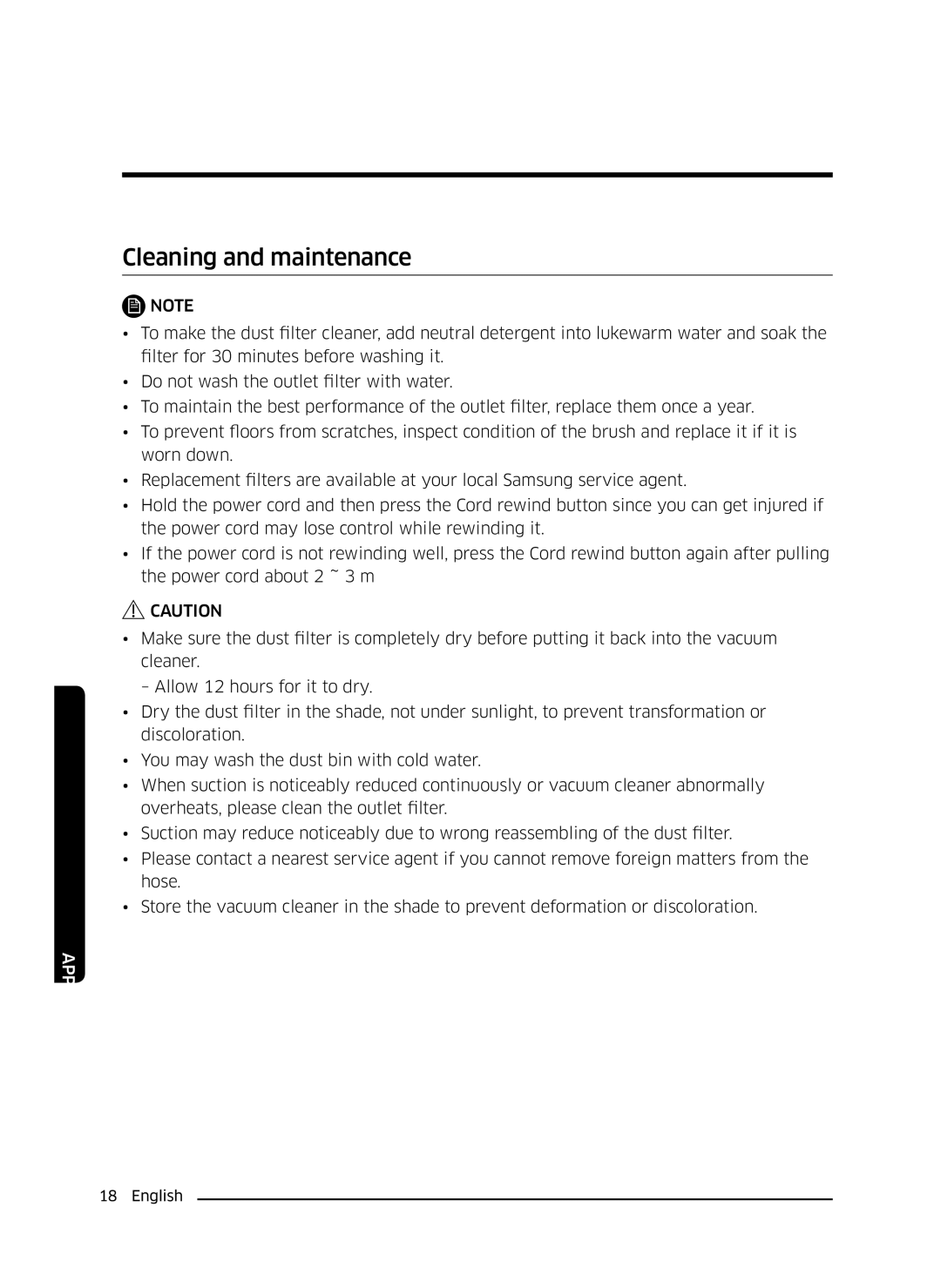 Samsung VC07K51E0VB/EE manual Cleaning and maintenance 