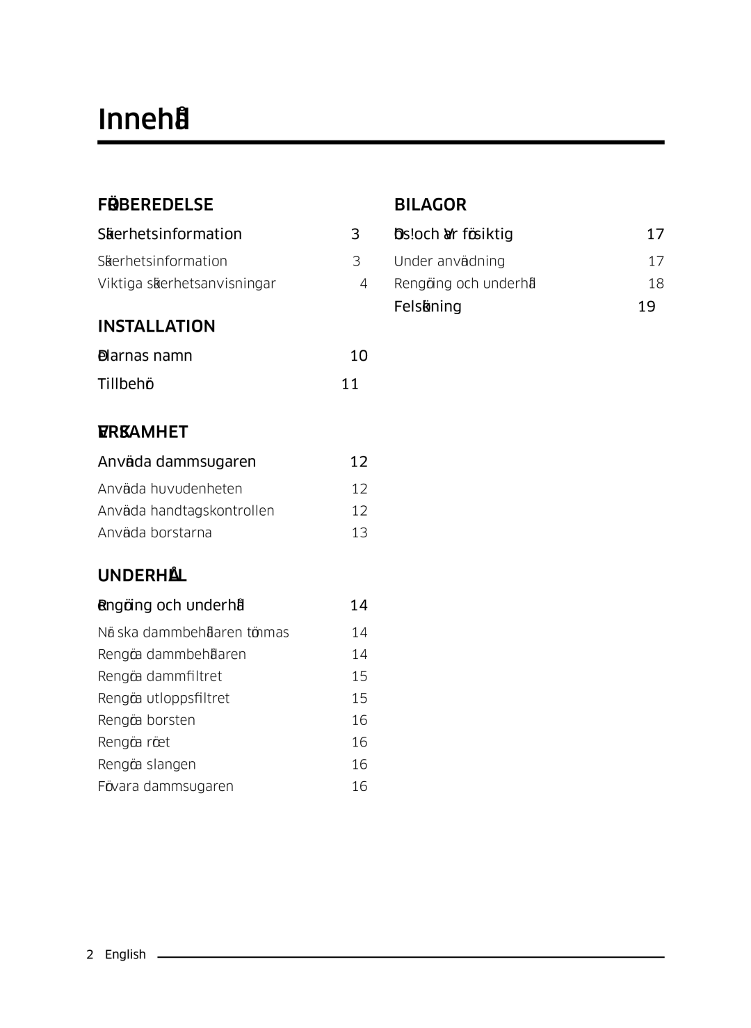 Samsung VC07K51E0VB/EE manual Innehåll, Förberedelse Bilagor 