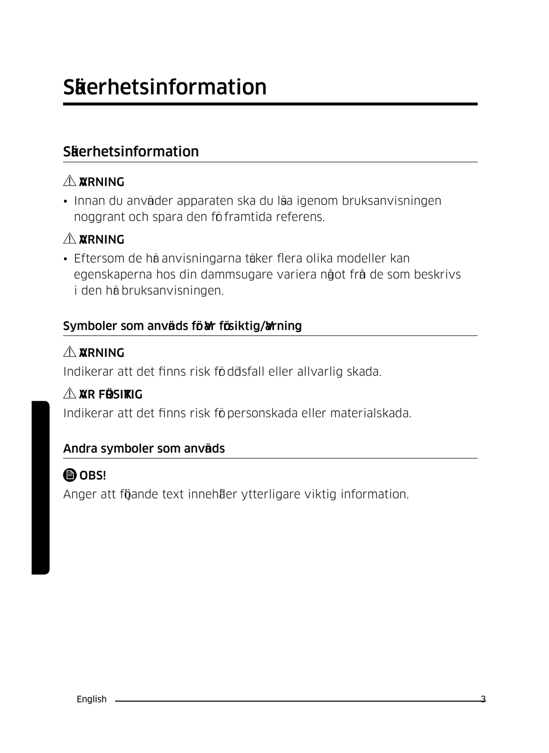 Samsung VC07K51E0VB/EE manual Säkerhetsinformation 