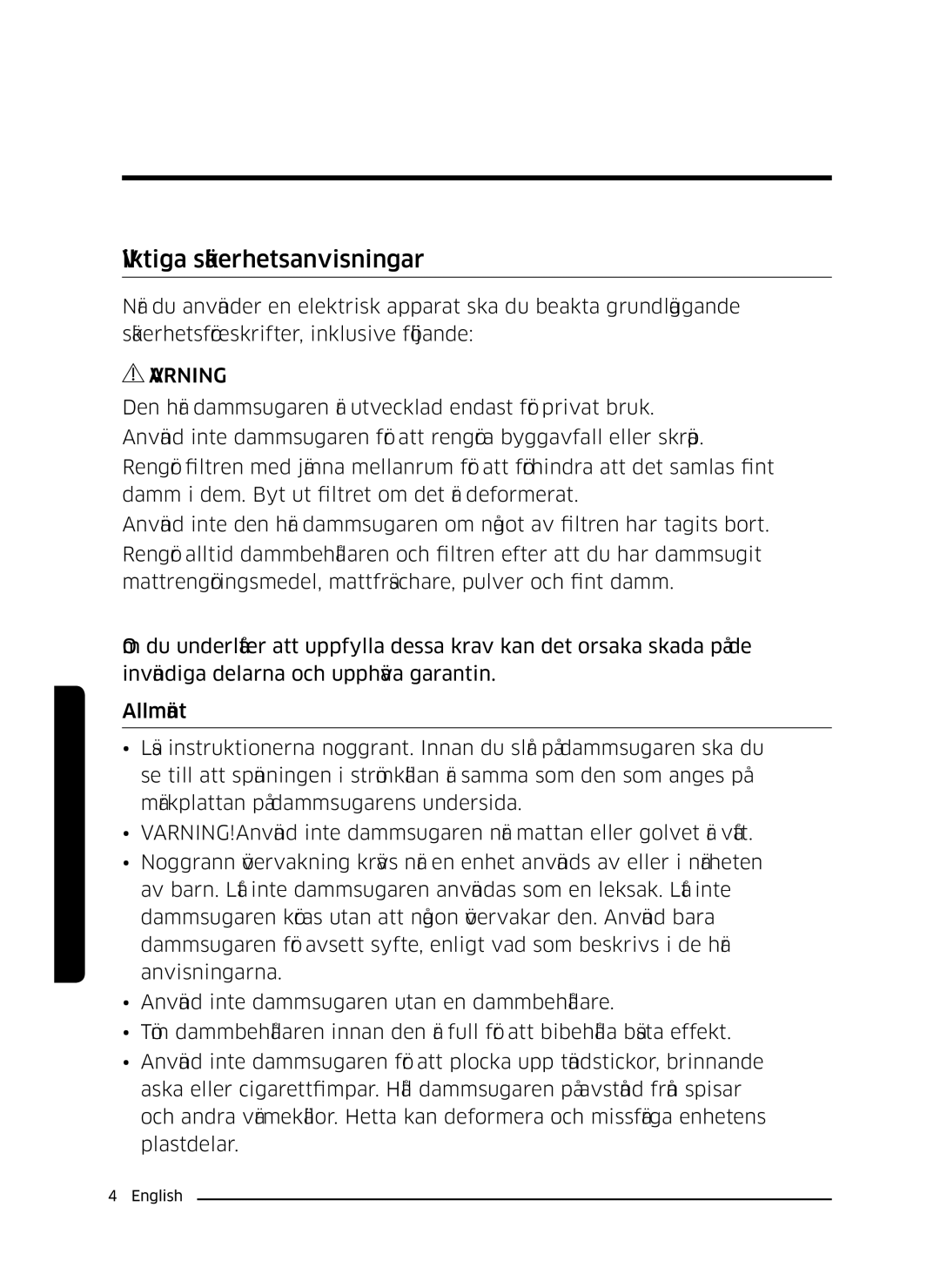 Samsung VC07K51E0VB/EE manual Viktiga säkerhetsanvisningar 