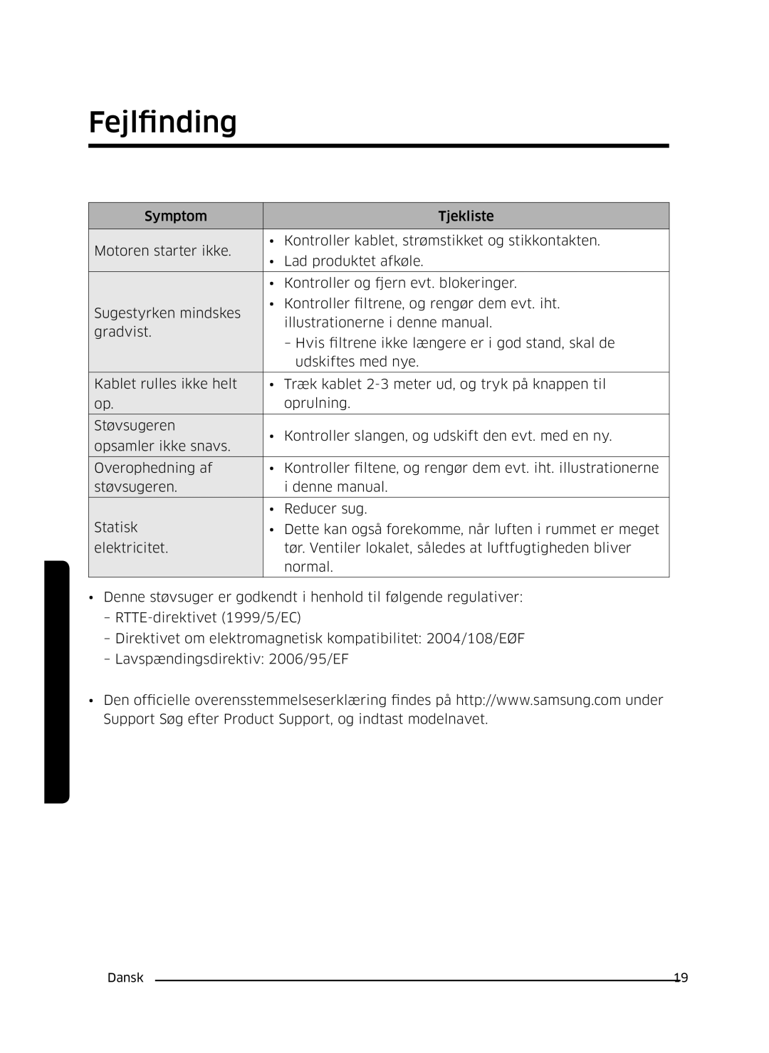 Samsung VC07K51E0VB/EE manual Fejlfinding 