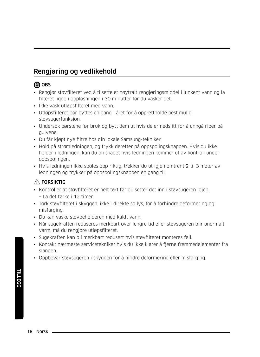 Samsung VC07K51E0VB/EE manual Rengjøring og vedlikehold 