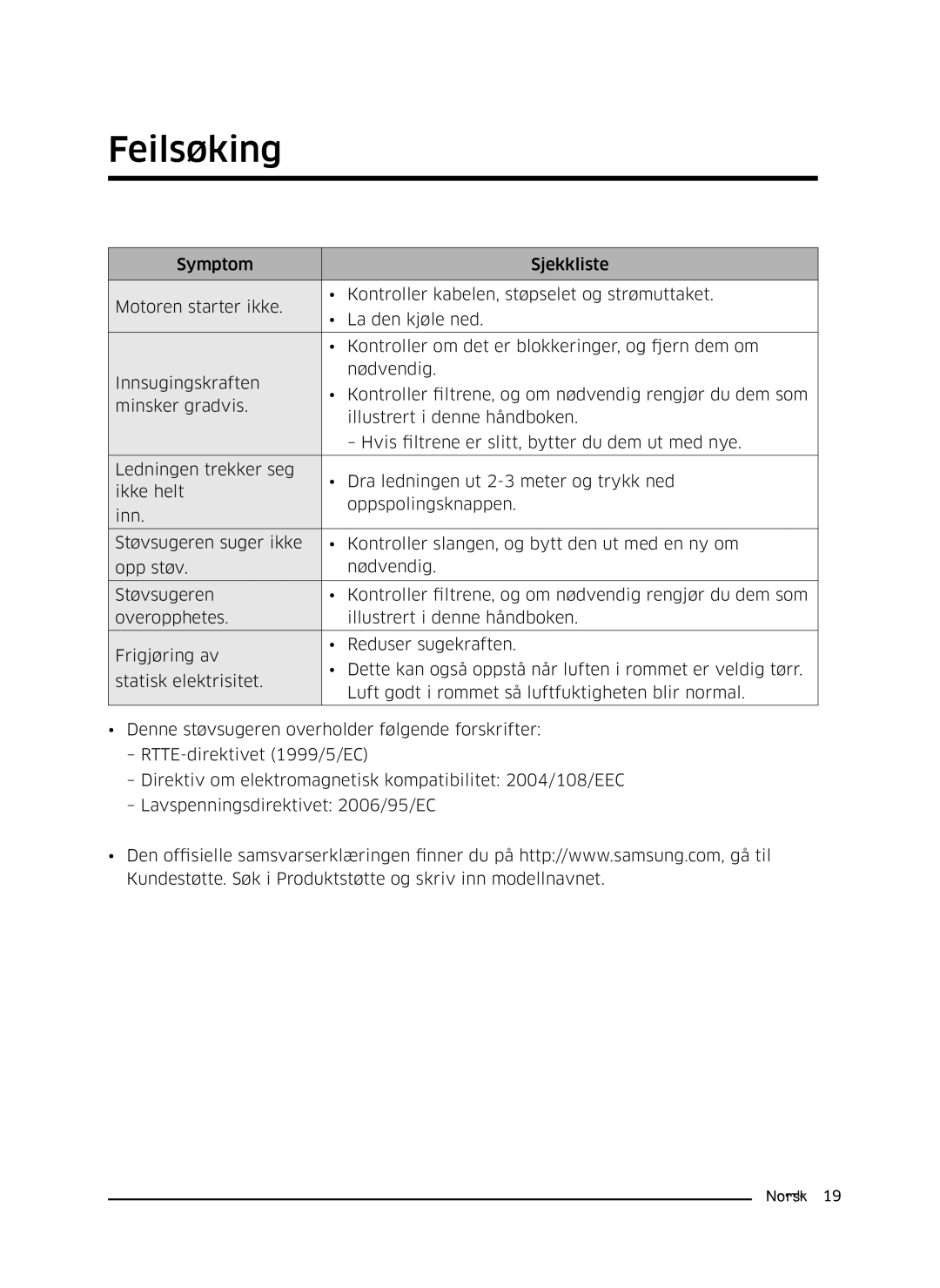 Samsung VC07K51E0VB/EE manual Feilsøking 