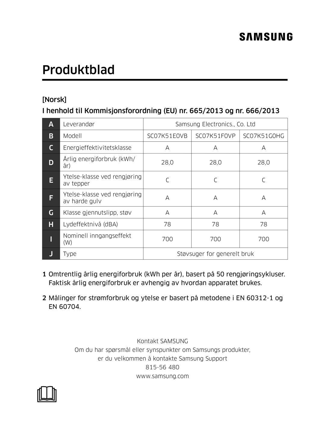 Samsung VC07K51E0VB/EE manual Produktblad 