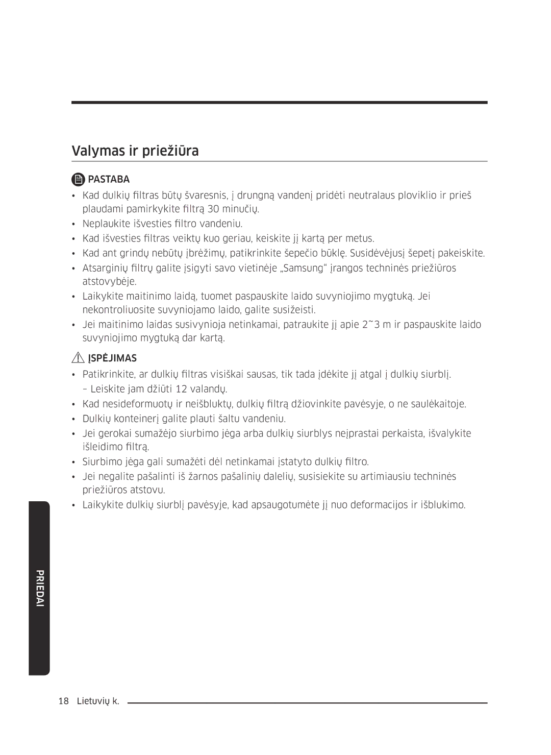 Samsung VC07K51F0VP/EF, VC07K51F0VP/ET, VC07K51F0VP/EN, VC07K51F0VP/SB manual Valymas ir priežiūra 