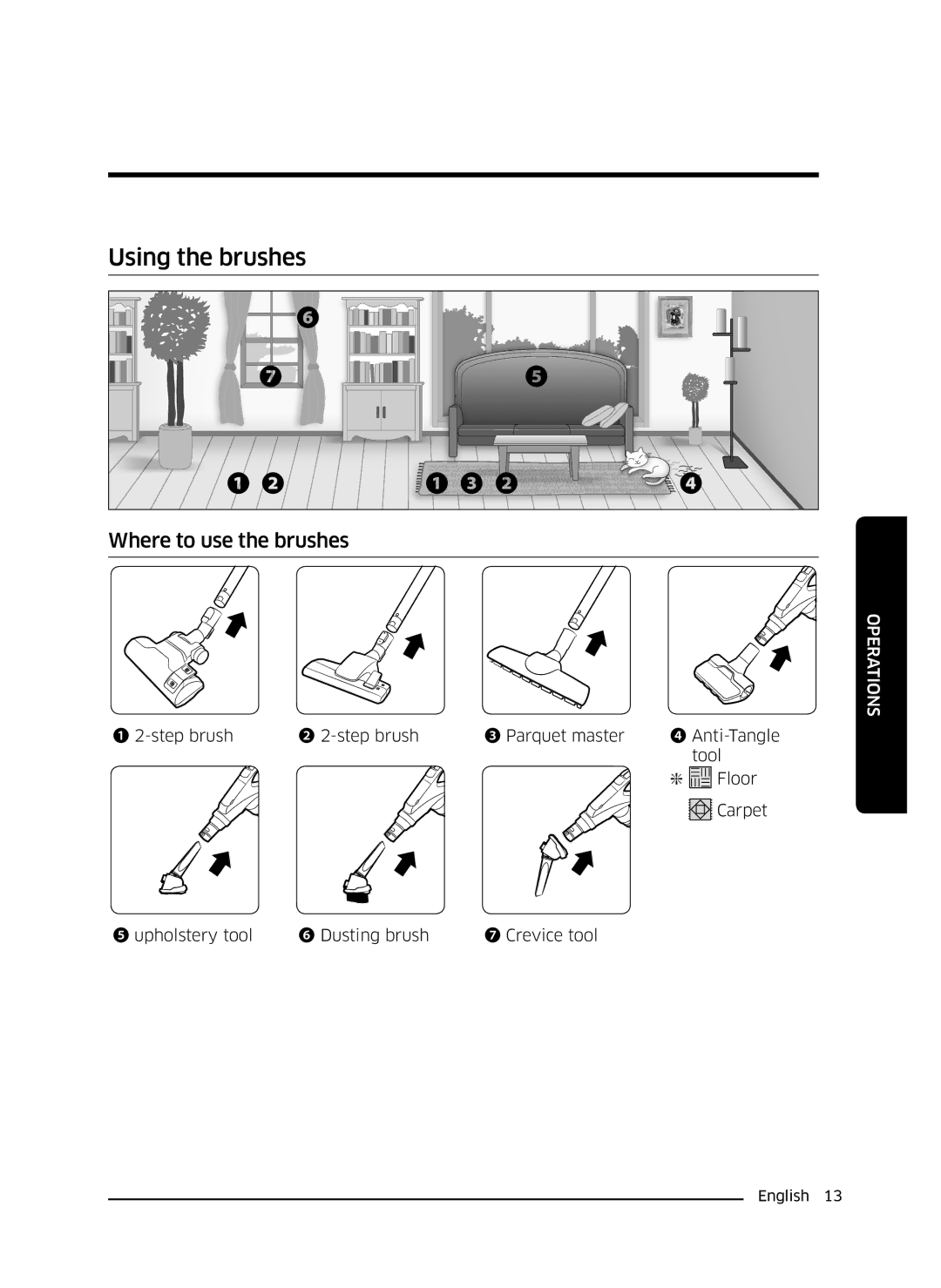 Samsung VC07K51F0VP/ET, VC07K51F0VP/EF, VC07K51F0VP/EN, VC07K51F0VP/SB manual Using the brushes, ❶ ❷ ❶ ❸ ❷ 