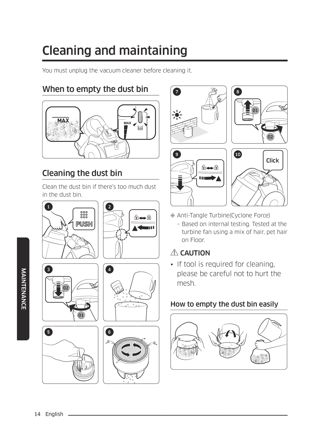 Samsung VC07K51F0VP/EN, VC07K51F0VP/EF manual Cleaning and maintaining, When to empty the dust bin, Cleaning the dust bin 