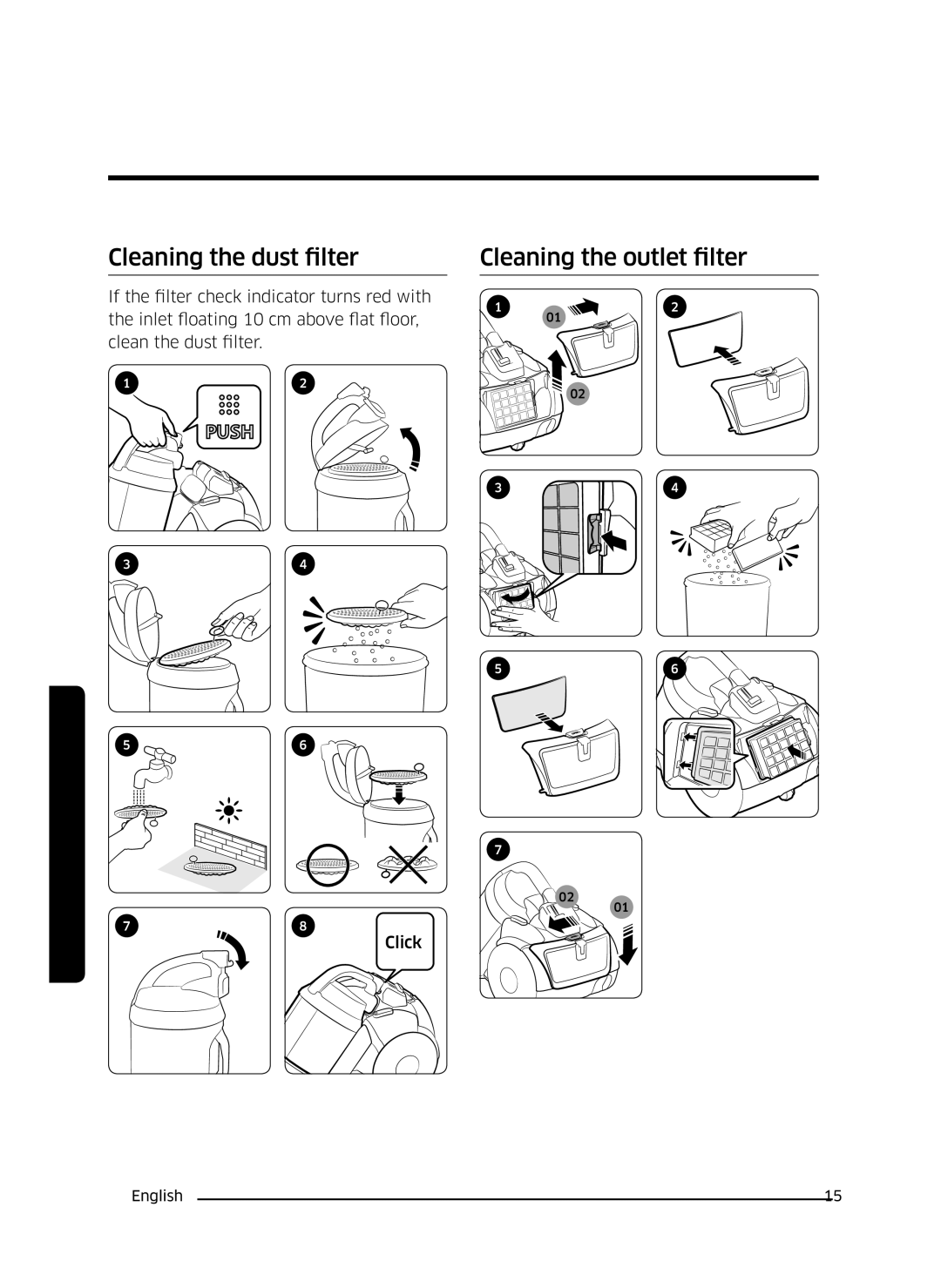 Samsung VC07K51F0VP/SB, VC07K51F0VP/EF, VC07K51F0VP/ET, VC07K51F0VP/EN Cleaning the dust filter, Cleaning the outlet filter 