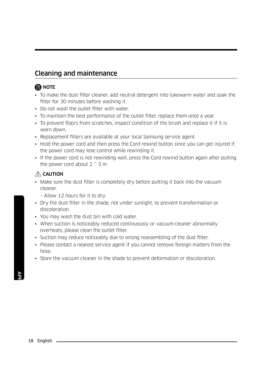 Samsung VC07K51F0VP/EN, VC07K51F0VP/EF, VC07K51F0VP/ET, VC07K51F0VP/SB manual Cleaning and maintenance 