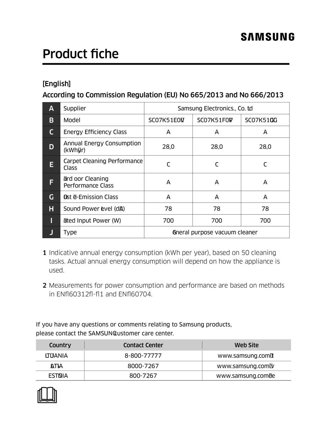 Samsung VC07K51F0VP/EF, VC07K51F0VP/ET, VC07K51F0VP/EN, VC07K51F0VP/SB Product fiche, SC07K51E0VB SC07K51F0VP SC07K51G0HG 