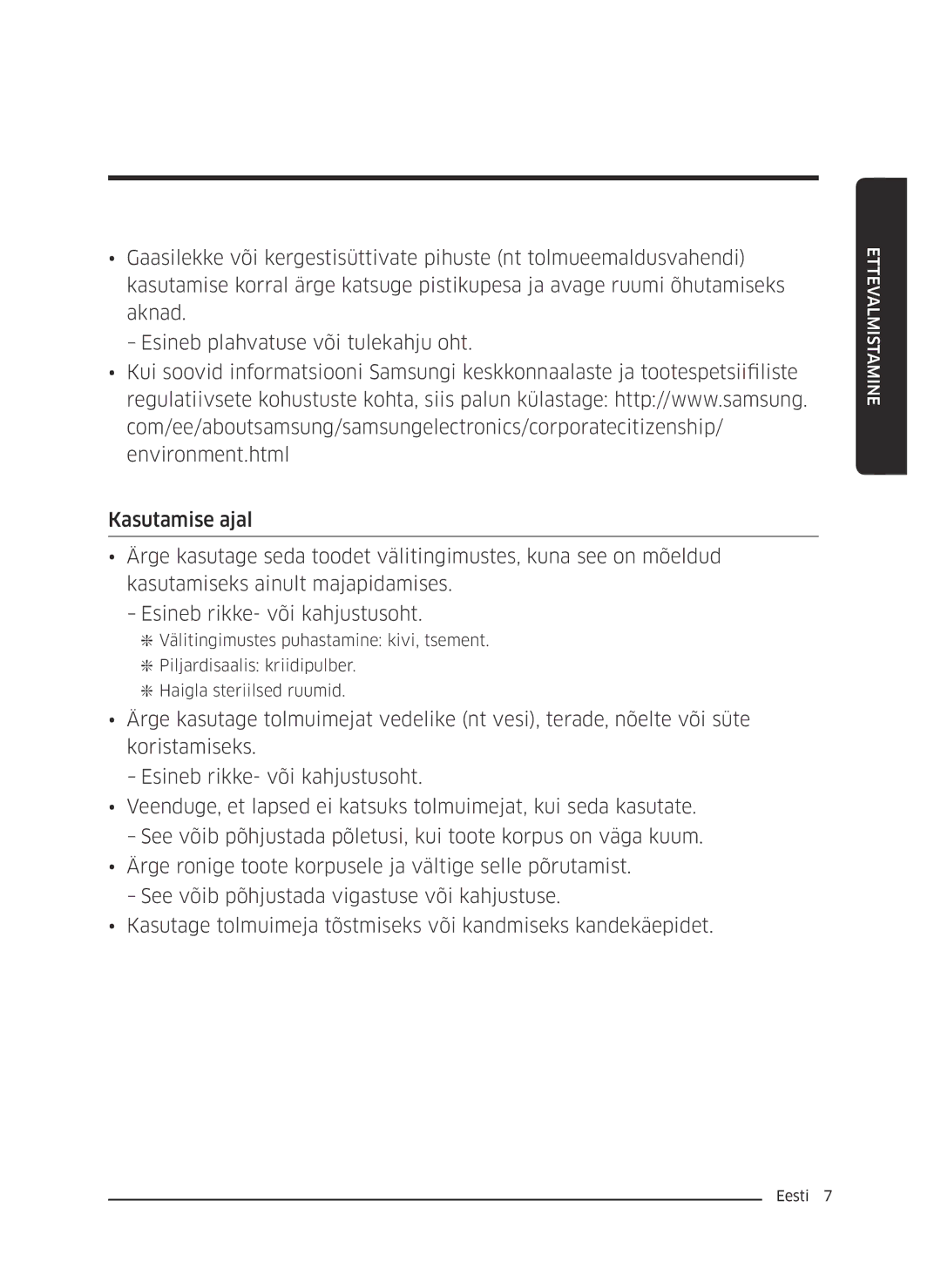 Samsung VC07K51F0VP/ET, VC07K51F0VP/EF, VC07K51F0VP/EN, VC07K51F0VP/SB manual Ettevalmistamine 