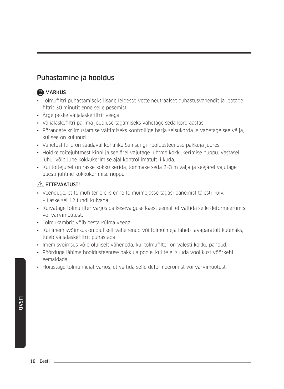 Samsung VC07K51F0VP/EF, VC07K51F0VP/ET, VC07K51F0VP/EN, VC07K51F0VP/SB manual Puhastamine ja hooldus 