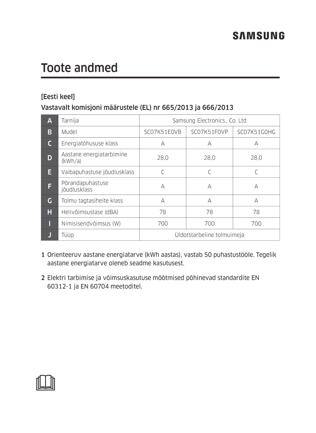 Samsung VC07K51F0VP/EN, VC07K51F0VP/EF, VC07K51F0VP/ET, VC07K51F0VP/SB manual Toote andmed 