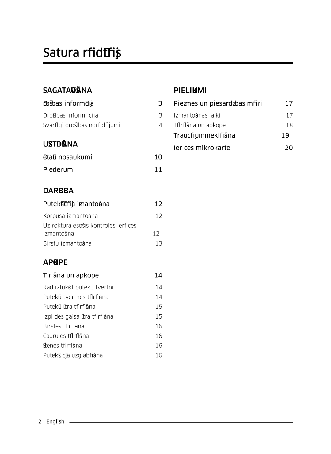 Samsung VC07K51F0VP/EF, VC07K51F0VP/ET, VC07K51F0VP/EN, VC07K51F0VP/SB manual Satura rādītājs, Sagatavošana Pielikumi 