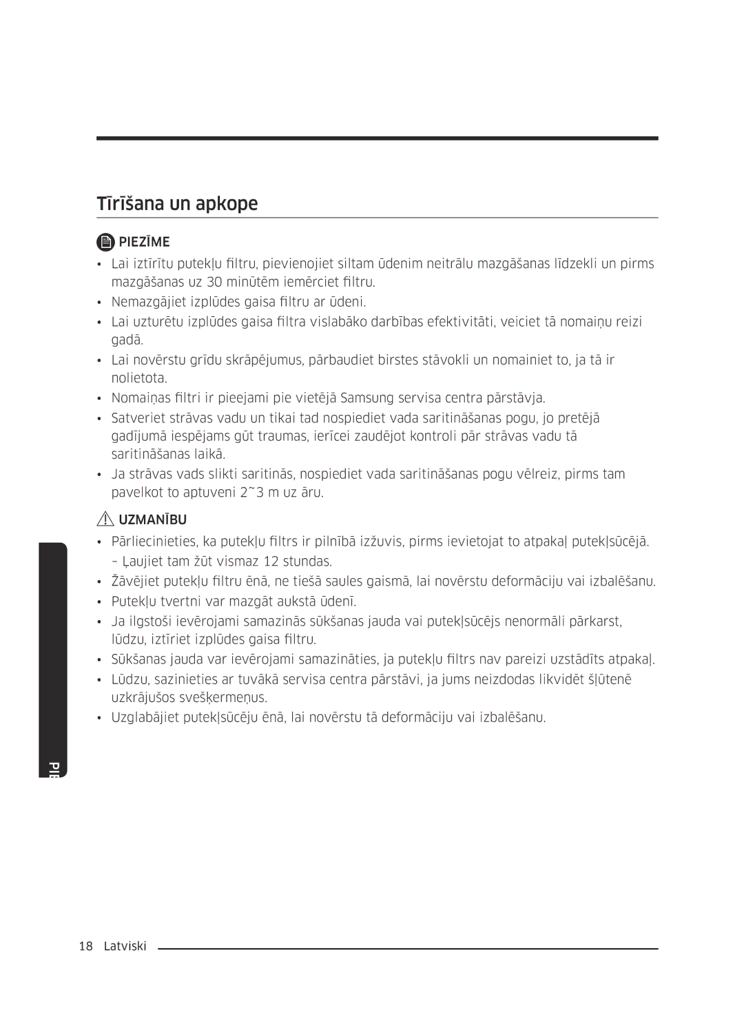 Samsung VC07K51F0VP/EF, VC07K51F0VP/ET, VC07K51F0VP/EN, VC07K51F0VP/SB manual Tīrīšana un apkope 