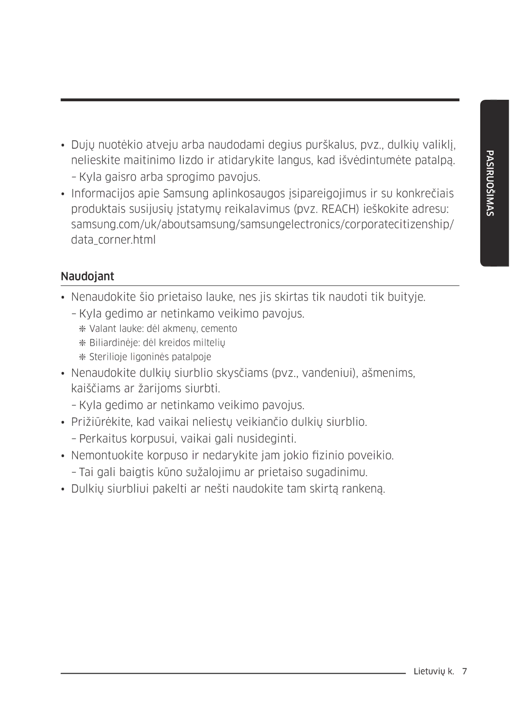 Samsung VC07K51F0VP/ET, VC07K51F0VP/EF, VC07K51F0VP/EN, VC07K51F0VP/SB manual Pasiruošimas 