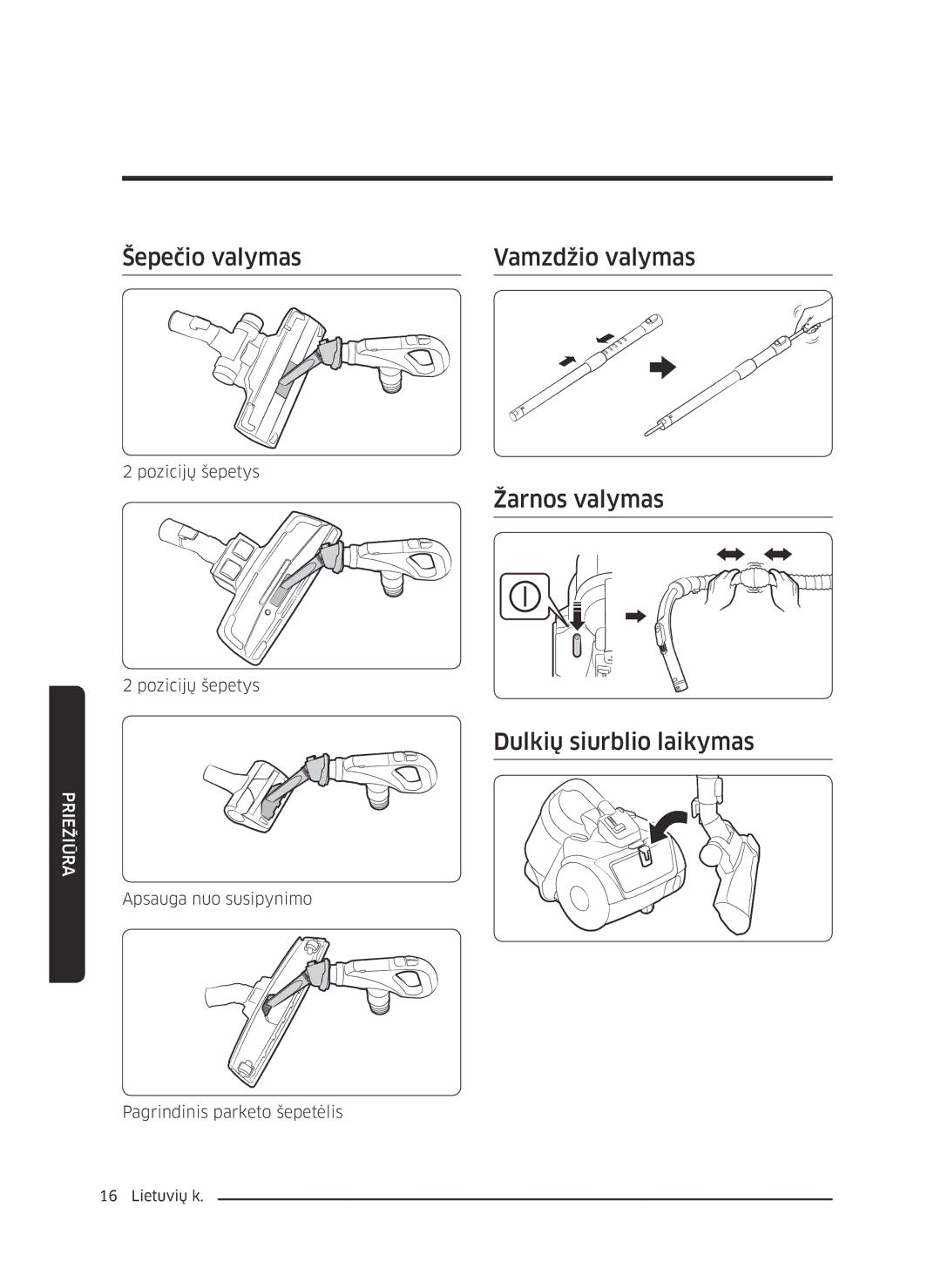 Samsung VC07K51F0VP/EN, VC07K51F0VP/EF manual Šepečio valymas Vamzdžio valymas, Žarnos valymas, Dulkių siurblio laikymas 