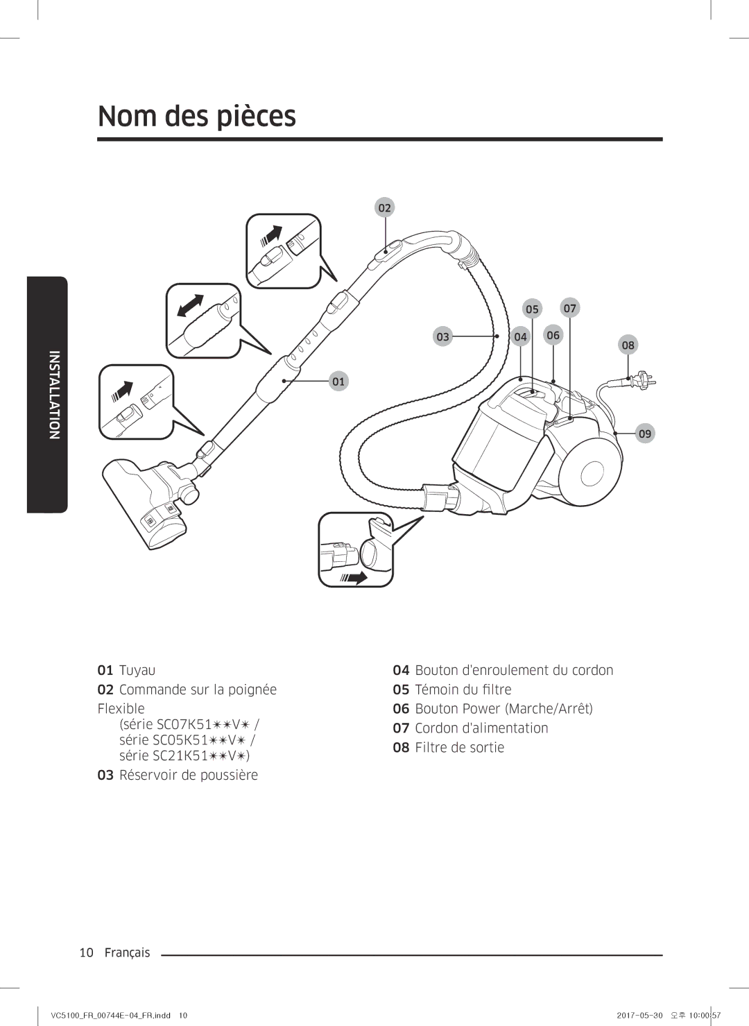 Samsung VC07K51F0VP/EF, VC07K51G0HG/EF manual Nom des pièces, Installation 