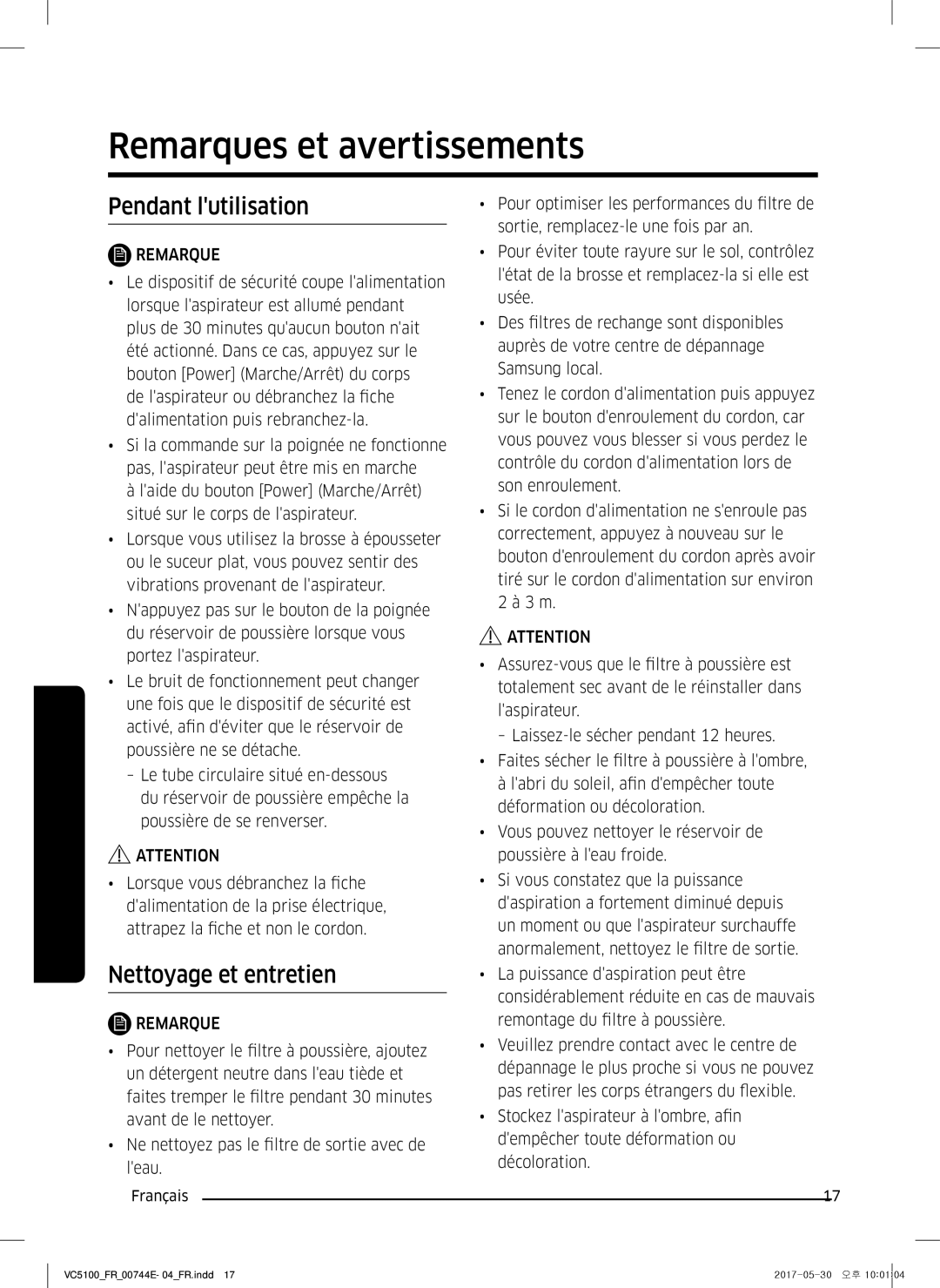 Samsung VC07K51G0HG/EF, VC07K51F0VP/EF manual Remarques et avertissements, Pendant lutilisation, Nettoyage et entretien 