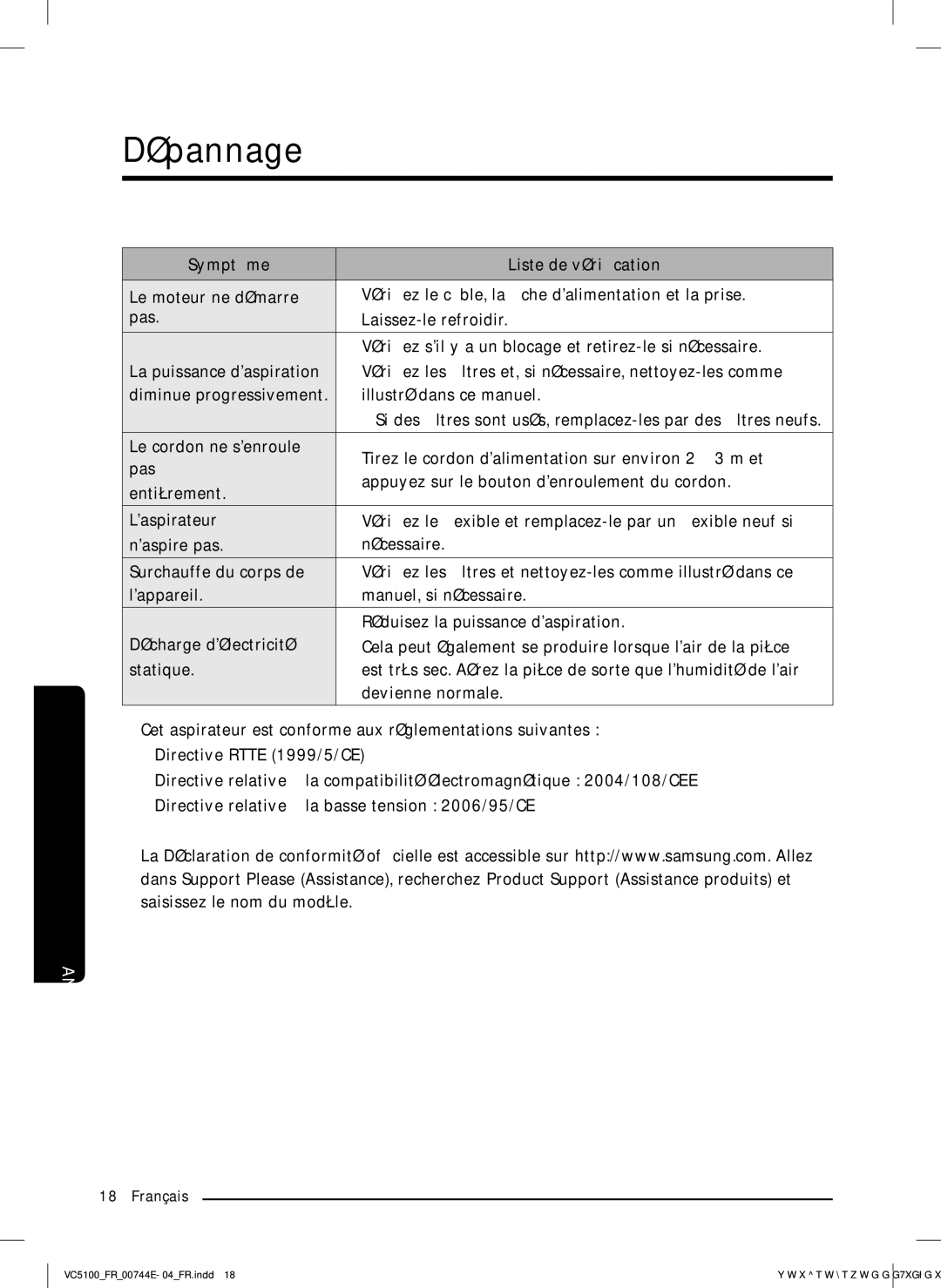 Samsung VC07K51F0VP/EF, VC07K51G0HG/EF manual Dépannage 